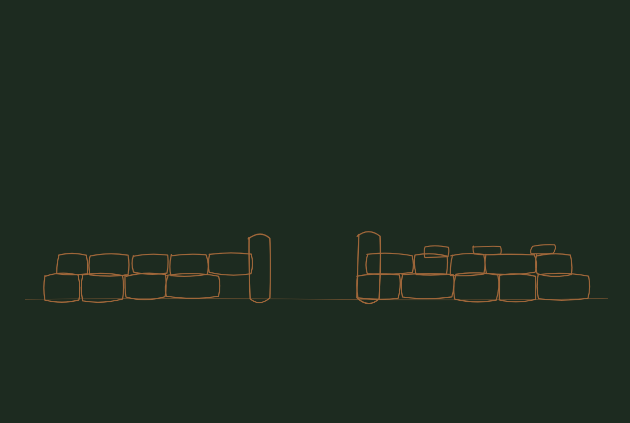 Ilustração de linha fina em cobre sobre verde escuro — um muro baixo de pedra atravessando um campo vazio, a fronteira de um território