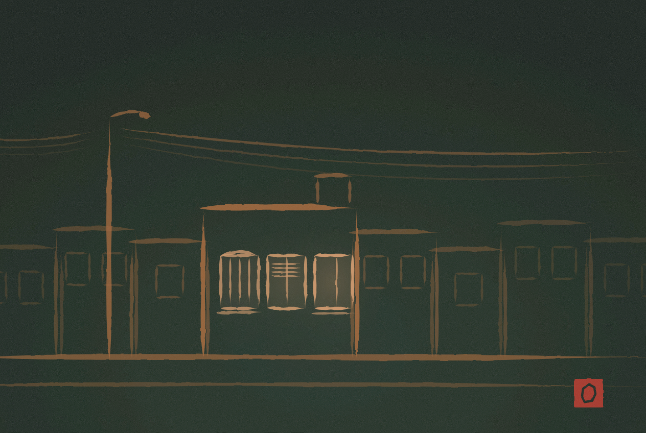 Ilustração de linha fina em cobre sobre verde escuro — uma casa baixa vista de fora, com três janelas acesas em intensidades diferentes