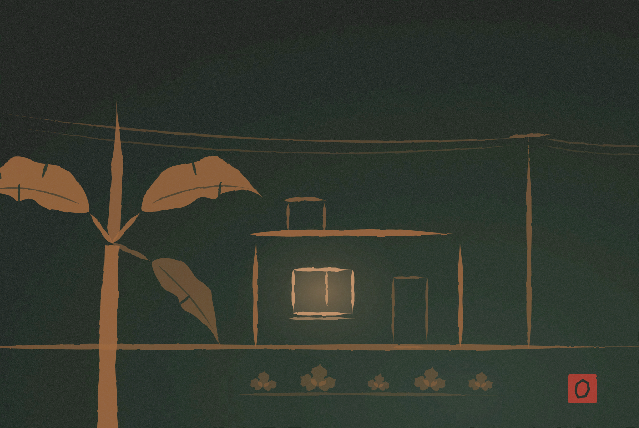 Pintura a pincel em cobre sobre verde escuro — uma casa baixa antes de amanhecer, com uma janela acesa, a horta ainda no escuro e uma bananeira em primeiro plano